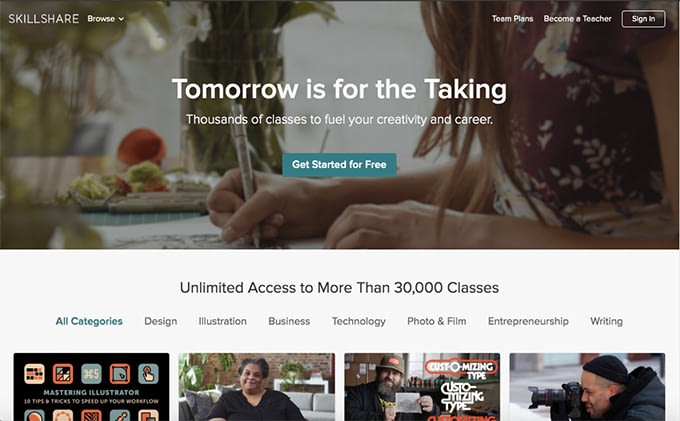 Screenshot de Skillshare, un sitio de cursos en linea