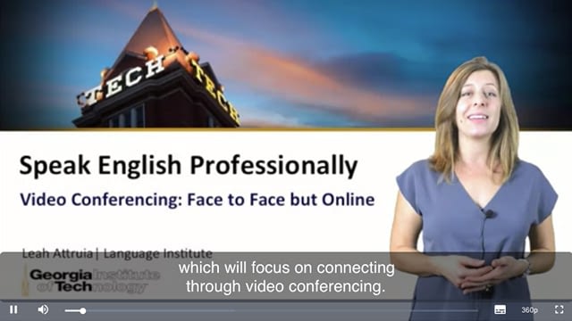 Screenshot from an online course about video conferencing in English, in a professional environment.