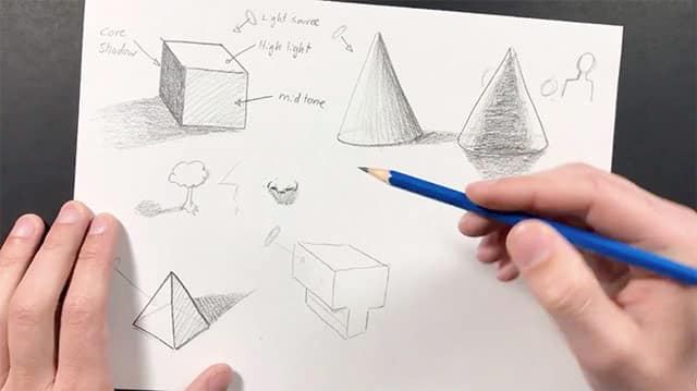 Screenshot from udemy course, teaching how to draw basic figures like cubes and cones drawn on paper