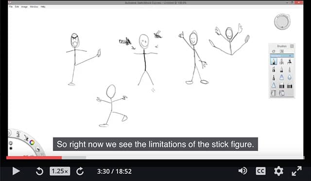 Screenshot from online course called "Anatomy and Figure Drawing for Beginners". The subtitles on the screenshot say "So right now we see the limitations of the stick figure".