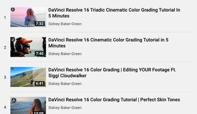 Davinci resolve tutorials about color grading, screenshot from youtube.