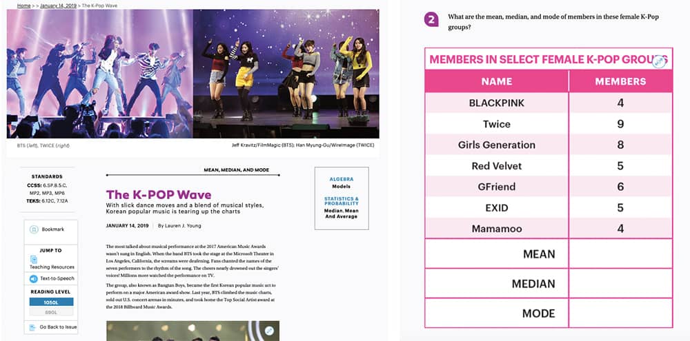 Screenshot of a free online learning resource from Scholastic. An article called "The K-Pop Wave", teaching the mean, median, and mode.