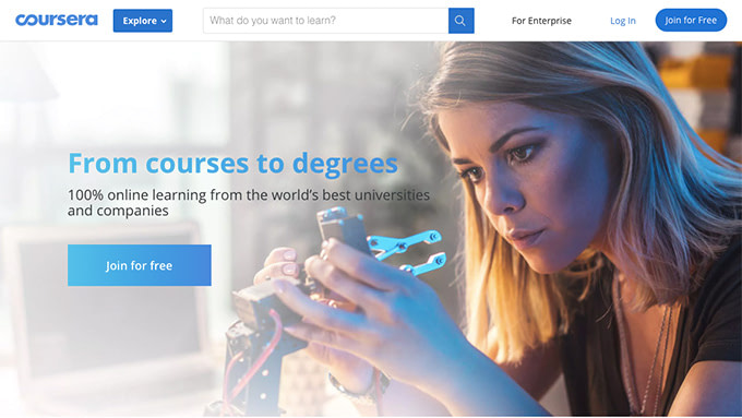 Screenshot of the homepage of the online courses platform Coursera; a free learning resource online.