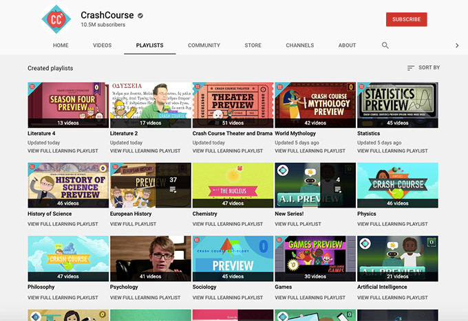 Screenshot of CrashCourse youtube page. A free online learning resource, mainly for kids.
