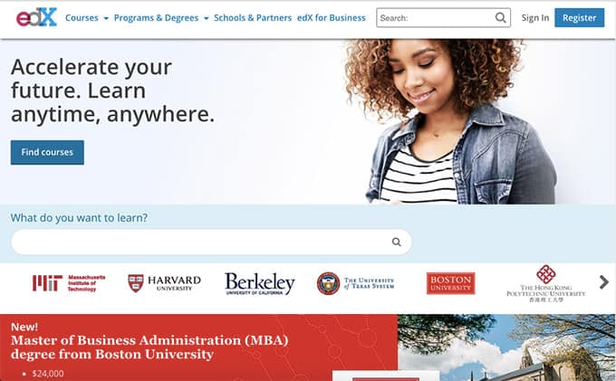 Screenshot of the EdX homepage, an online courses platform