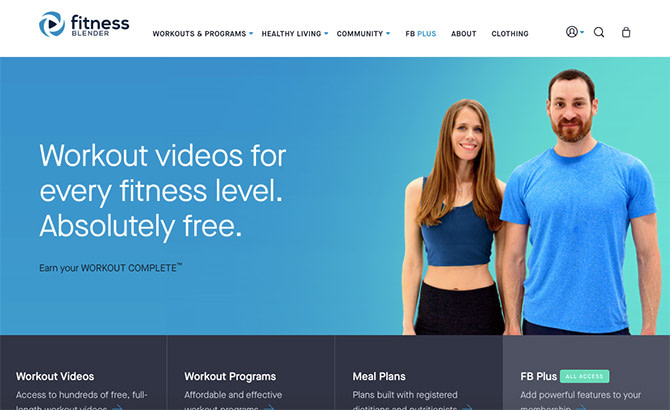 Screenshot of FitnessBlender homepage. Free online resource for working out from home.