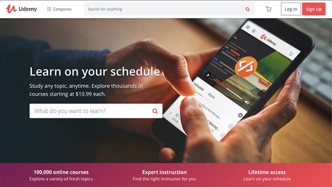 Screenshot of the Udemy homepage, an online courses platform
