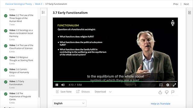 Screenshot from online sociology course on Coursera, featuring the course menu on the side.