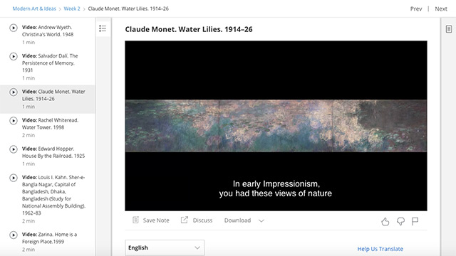 Screenshot from Coursera course about modern art, which shows the inside of the course and the different videos it includes
