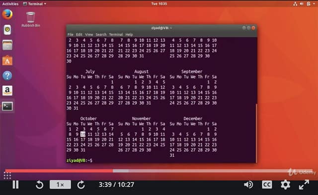 Screenshot of an online course about mastering Linux. Screenshot shows Linux interface, with command line open.